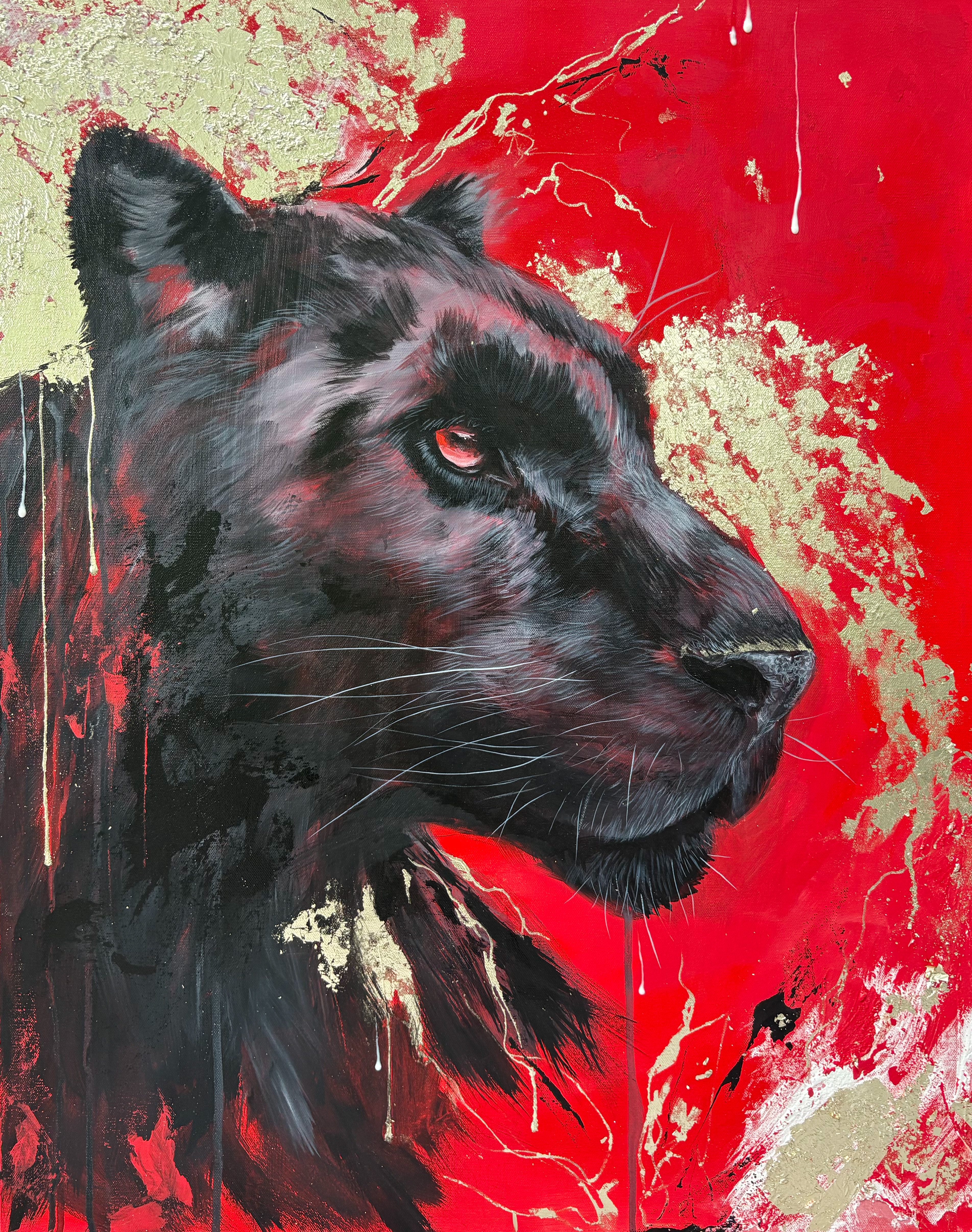 Panther study, gold-leaf wildlife artwork by Ashley Rader